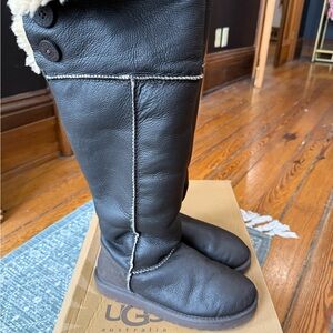 Rare UGG Black Leather Boots with Button Accents